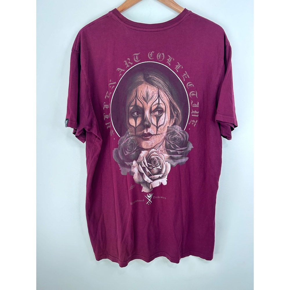 Sullen Art Collective Mens XL Burgundy Graphic T-Shirt Day of the Dead Roses